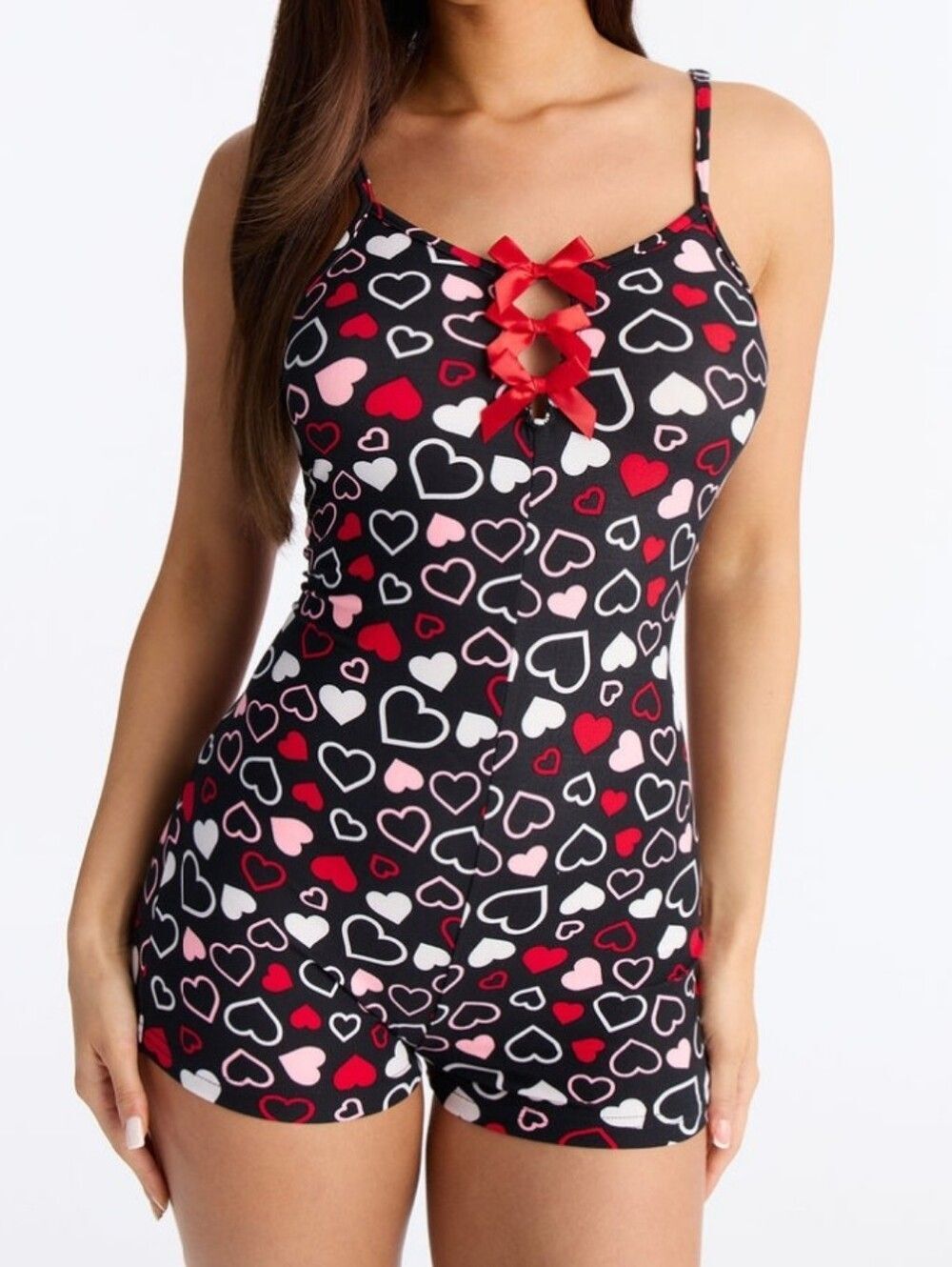 Not Tired Heart-Print Cami Romper with Ribbon Detail - Black/Red/Pink #8